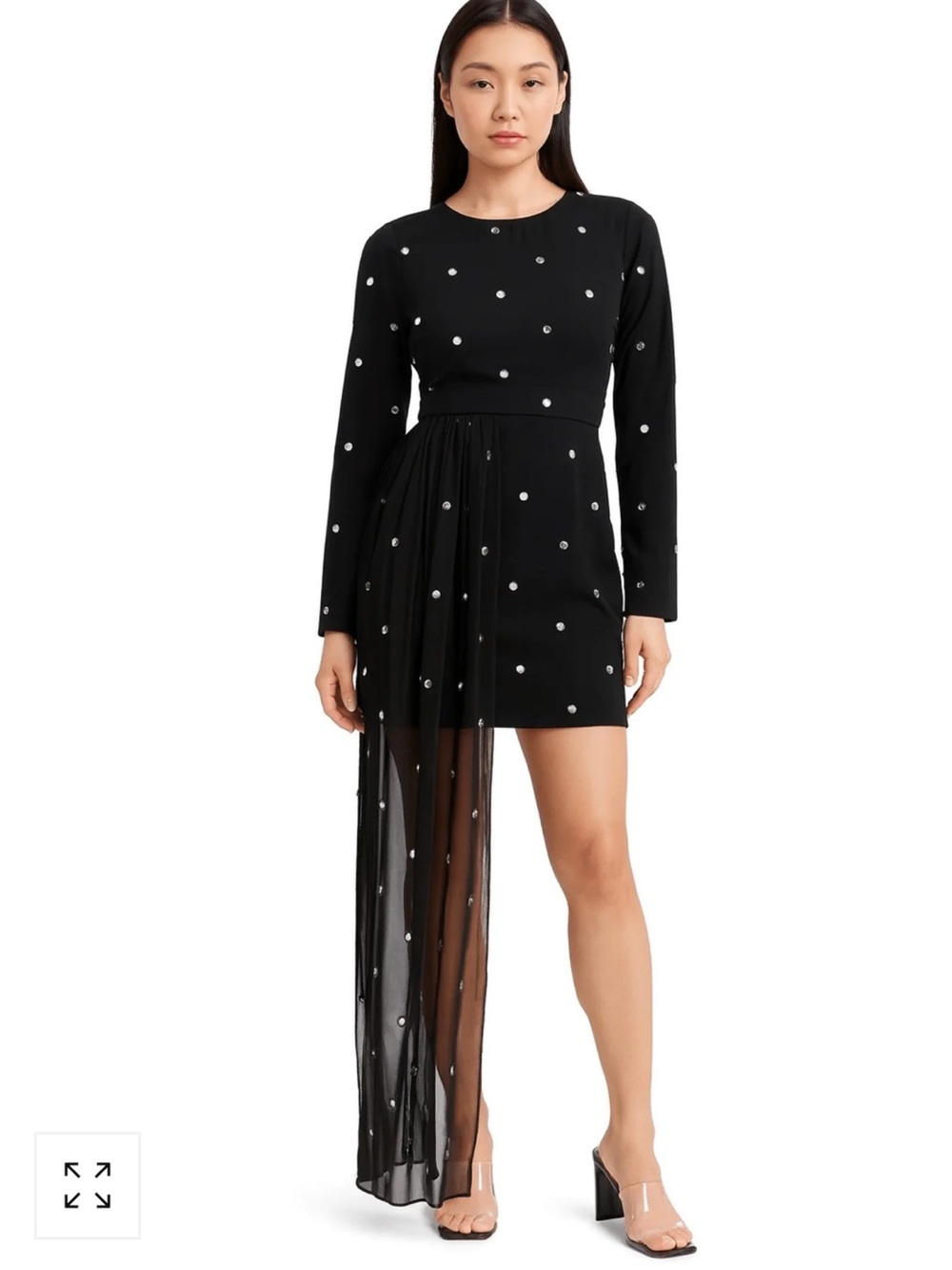Black Asymmetric Sheer-Panel Mini Dress with Crystal Dots